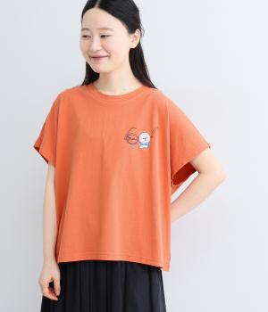 ユーズドコットン　丸メガネとマルチーズ刺繍Tシャツ(オレンジ-F)