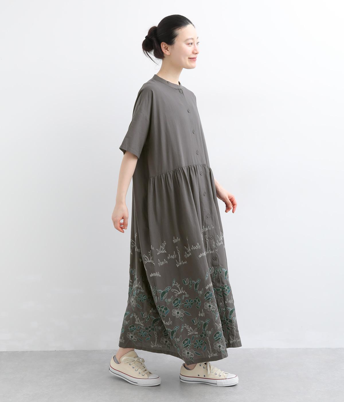 花刺繍切替えワンピース(チャコールグレー-F)