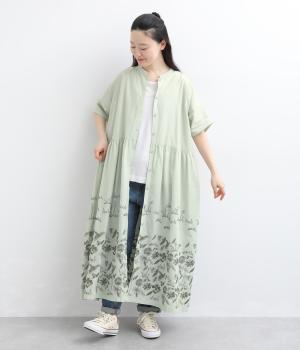花刺繍切替えワンピース(オリーブ-F)