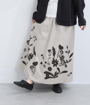 シルキーコットン　植物プリントスカート(ベージュ-F)