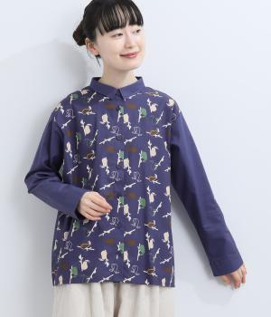 シルキーコットン　洋ナシプリントシャツ(ネイビー-F)