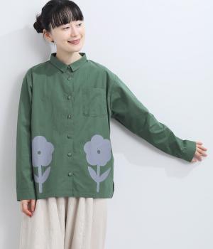 シルキーコットン　花プリントシャツ(グリーン-F)