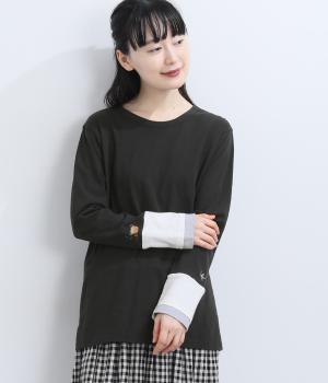 コットンスラブ天竺　袖切替えロングスリーブ(ブラック-F)
