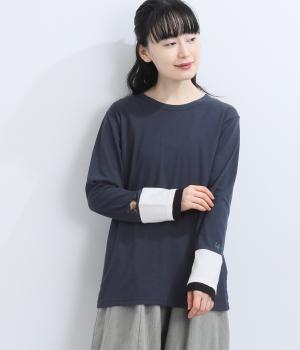 コットンスラブ天竺　袖切替えロングスリーブ(ネイビー-F)