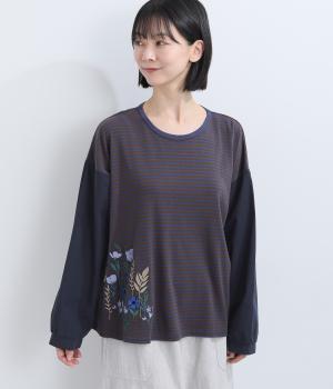 ストレッチコットン天竺　袖切替え刺繍プルオーバー（ブラウン×ネイビー・F）