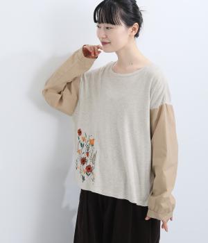 ストレッチコットン天竺　袖切替え刺繍プルオーバー（アイボリー・F）