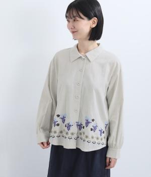 リネンコットン　ぶどう狩り刺繍シャツ(グレー-F)