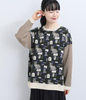 ふくもちニット　街ジャカードプルオーバー（グリーン・F）