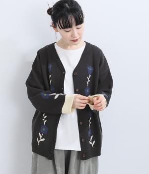 ふくもちニット　お花ジャカードカーディガン（ブラック・F）