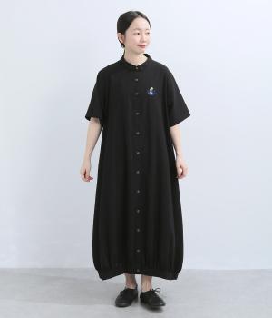 リネンコットン　刺繍バルーンワンピース（ブラック・F）
