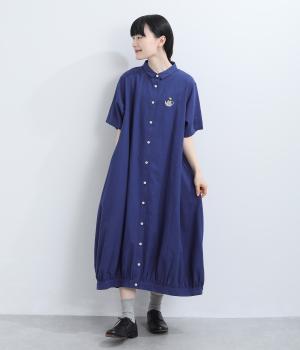 リネンコットン　刺繍バルーンワンピース（ネイビー・F）