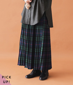 起毛チェックプリーツスカート(グリーンチェック-ONESIZE)