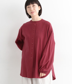 ウォッシュコットン多釦ギャザーチュニック(レッド-ONESIZE)