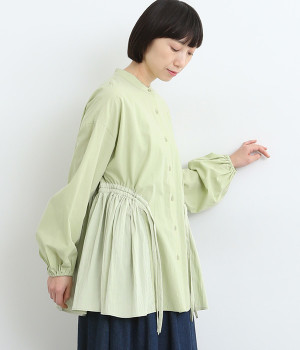 ブロードワッシャー異素材切替デザインブラウス(グリーン-ONESIZE)