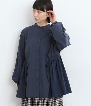 ブロードワッシャー異素材切替デザインブラウス(ネイビー-ONESIZE)