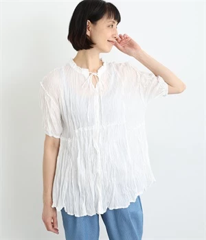 コットンローンクリンクル半袖ギャザーブラウス(オフ-ONESIZE)