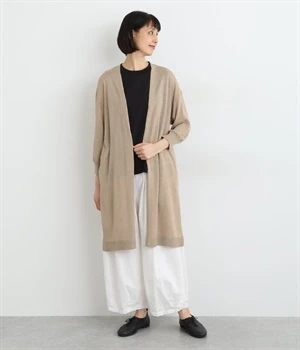 UVニット7分袖ロングトッパーカーディガン(ベージュ-ONESIZE)