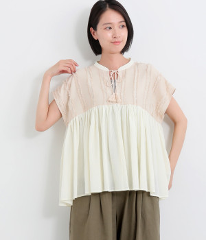 フリンジストライプジャカードギャザーフレンチブラウス(アイボリー-ONESIZE)