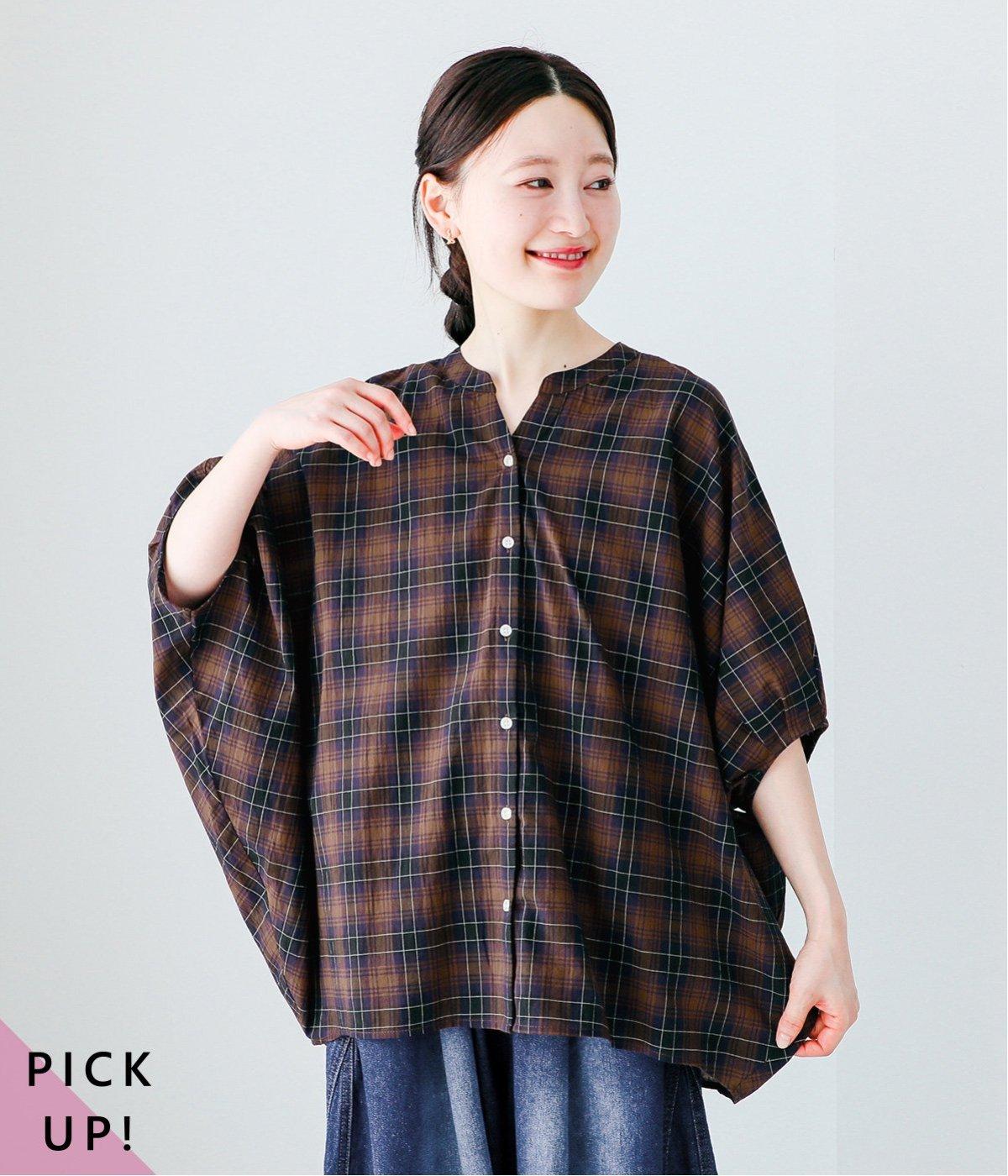 サンドウォッシュチェックバンザイブラウス(ブラウンチェック-ONESIZE)