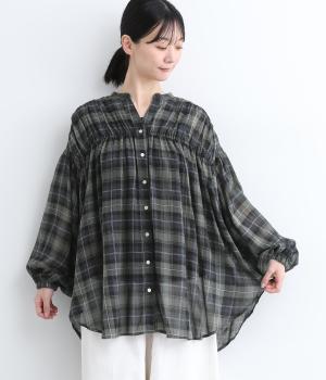 チェックシャーリングスキッパーチュニック(グレーチェック-ONESIZE)