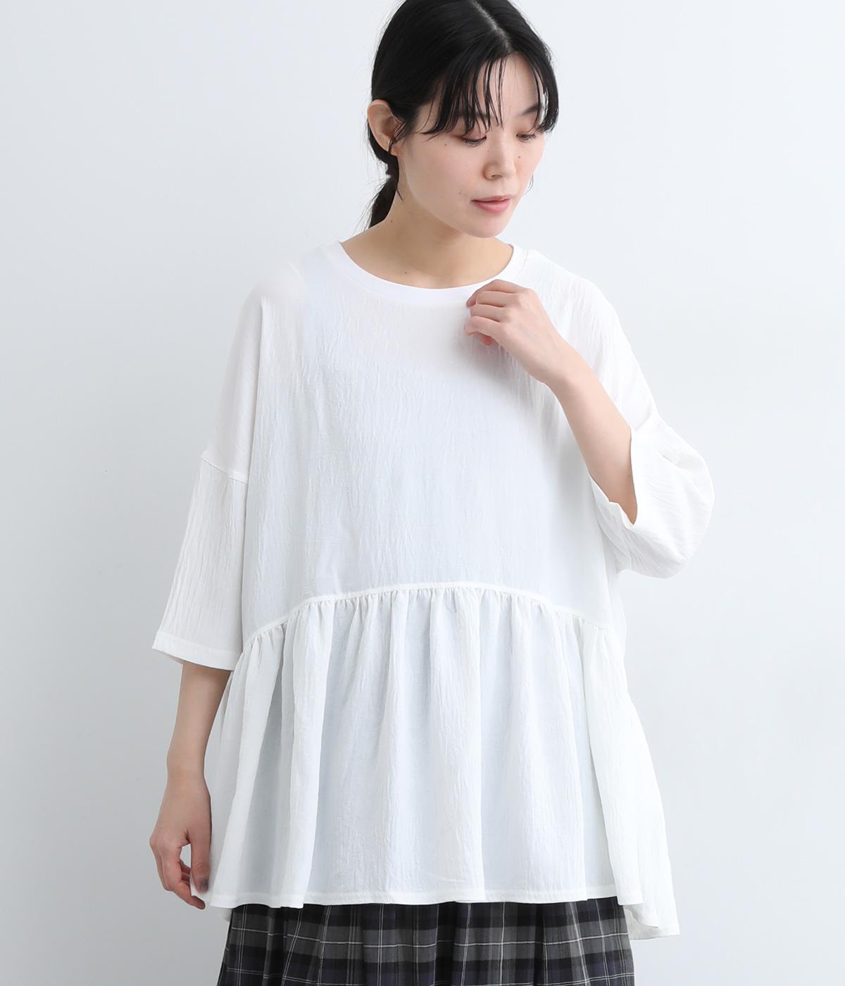 ストレッチ7分袖裾ギャザープルオーバー(オフホワイト-ONESIZE)