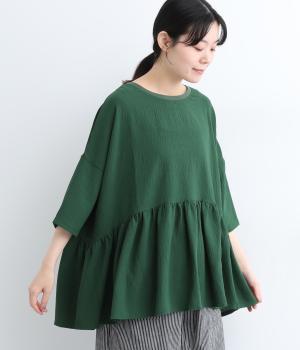 ストレッチ7分袖裾ギャザープルオーバー(グリーン-ONESIZE)