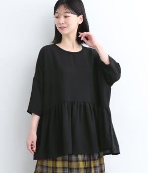 ストレッチ7分袖裾ギャザープルオーバー(ブラック-ONESIZE)