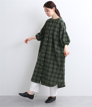 バックギャザーボリュームワンピース(カーキチェック-ONESIZE)