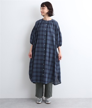 バックギャザーボリュームワンピース(ネイビーチェック-ONESIZE)