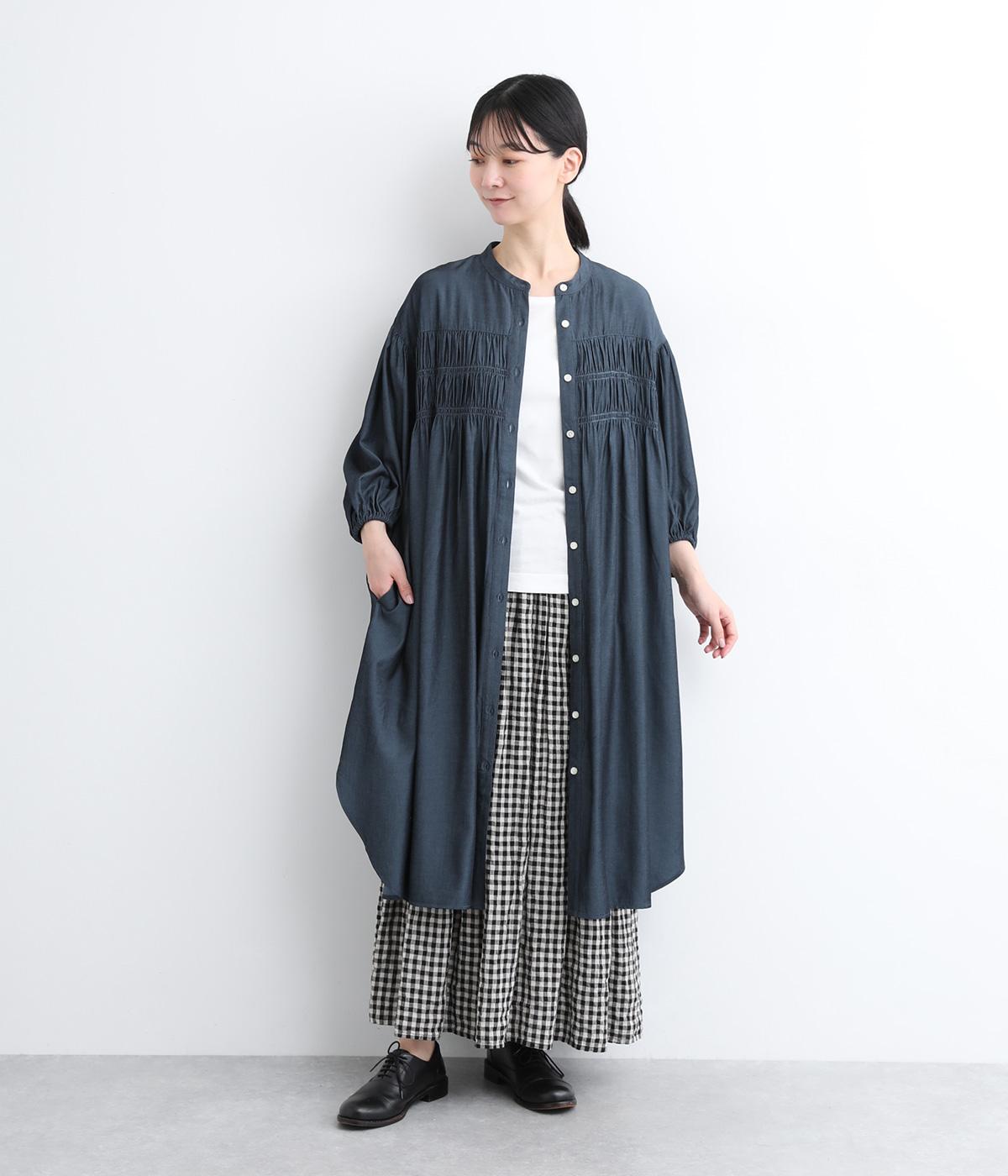 デニムライクツイルシャーリングシャツワンピース(ネイビー-ONESIZE)