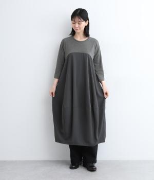 シルケットベア天竺異素材7分袖コクーンワンピース(グレー-ONESIZE)