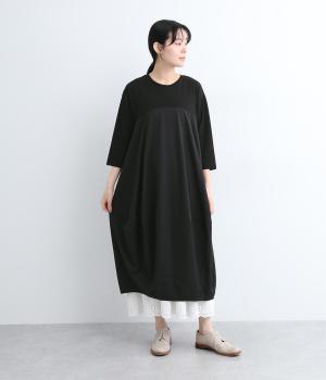 シルケットベア天竺異素材7分袖コクーンワンピース(ブラック-ONESIZE)