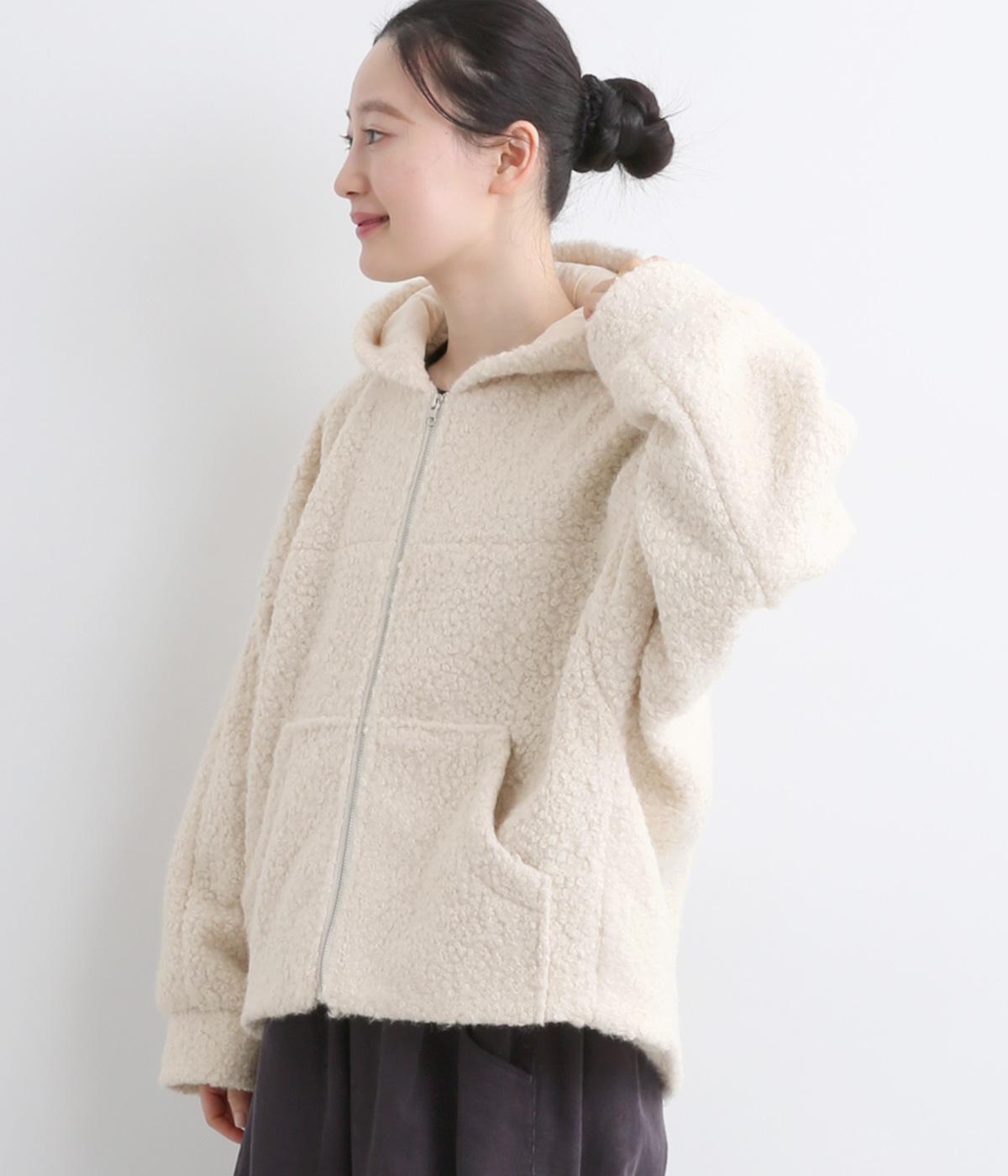 フェイクリングウールフードショートジップコート(アイボリー-F)