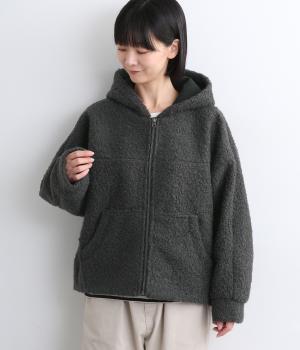 フェイクリングウールフードショートジップコート(チャコール-F)
