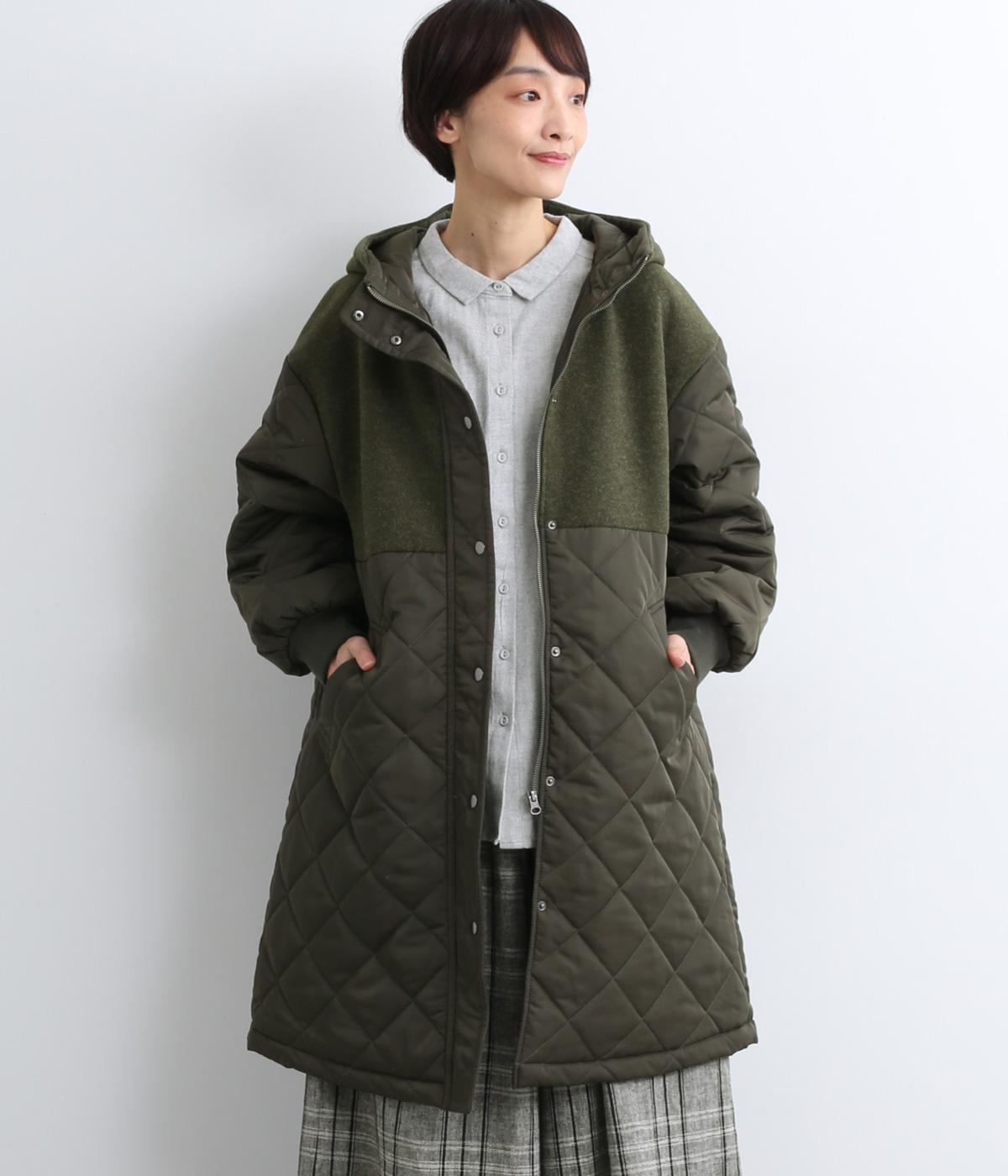 メルトンキルティング異素材切替コート(カーキ-F)