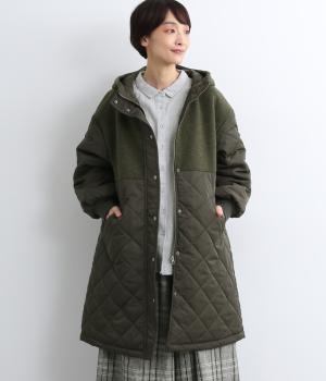 メルトンキルティング異素材切替コート(カーキ-F)