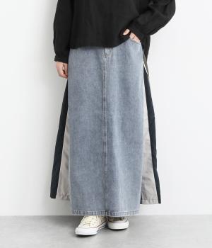 デニム異素材切替スカート(ブルー-F)