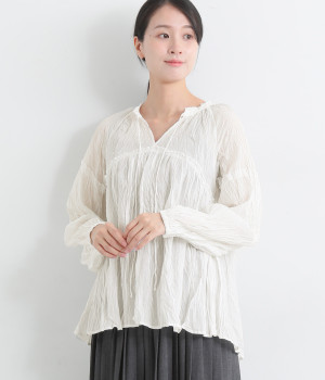 コットンボイルギャザーフリルクリンクルブラウス(オフ-ONESIZE)