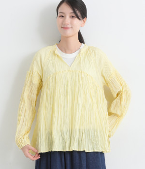 コットンボイルギャザーフリルクリンクルブラウス(イエロー-ONESIZE)