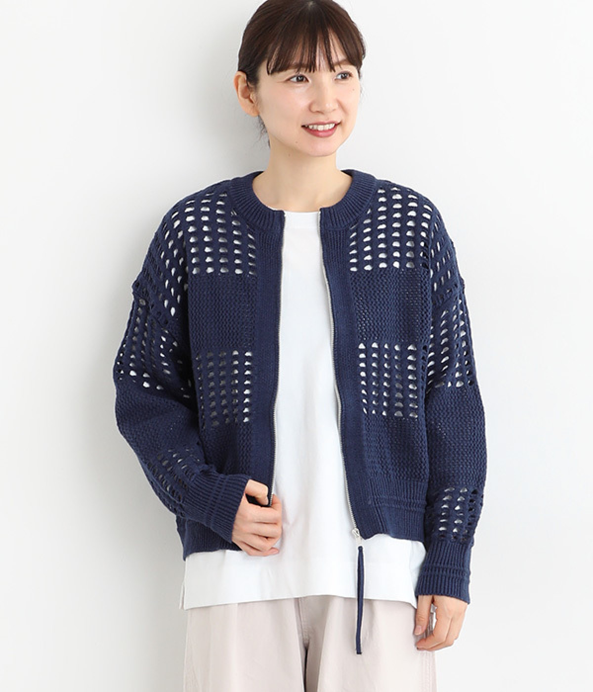 アクリルバルキーメッシュカーディガン(ネイビー-ONESIZE)