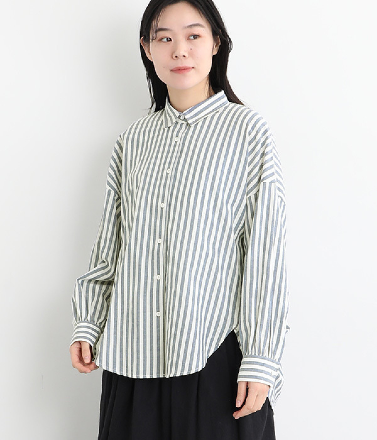 シアーストライプギャザーシャーリングブラウス(ネイビー-ONESIZE)
