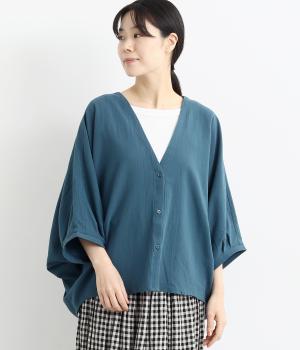 ウォッシュコットン7分袖ポンチョVネックカーディガン