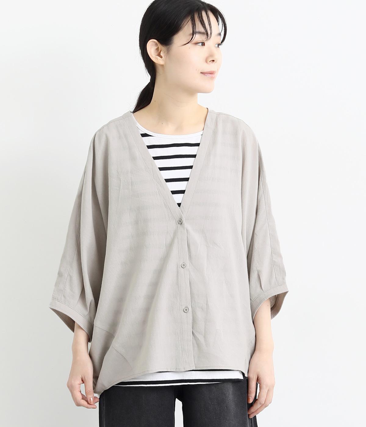 ウォッシュコットン7分袖ポンチョVネックカーディガン(グレー-F)