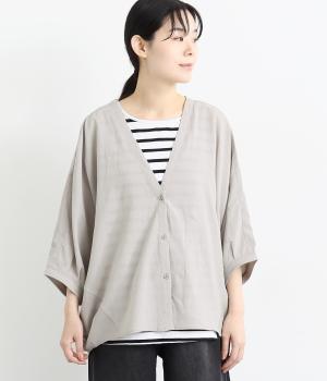 ウォッシュコットン7分袖ポンチョVネックカーディガン(グレー-F)