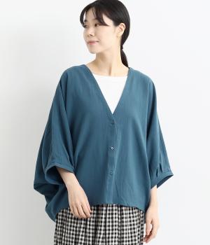 ウォッシュコットン7分袖ポンチョVネックカーディガン(ブルー-F)