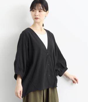 ウォッシュコットン7分袖ポンチョVネックカーディガン(ブラック-F)