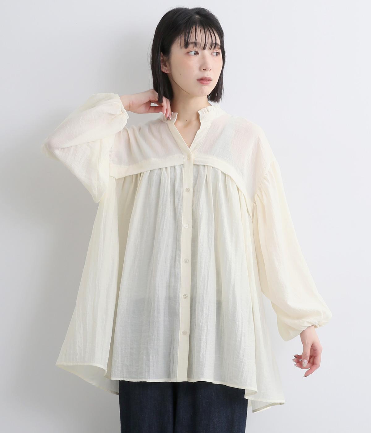 スラブシアーフリルスタンド襟ギャザーチュニック(オフ-F)