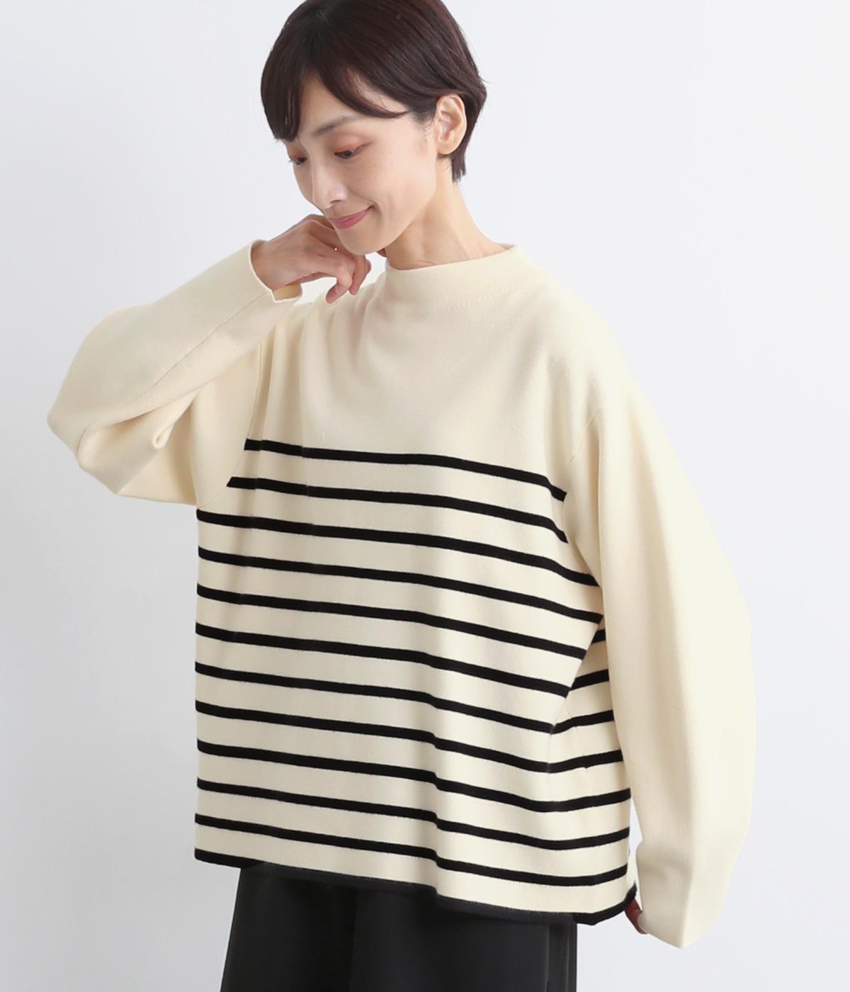 ボリュームスリーブボーダーニットプルオーバー(オフ×ブラック-F)