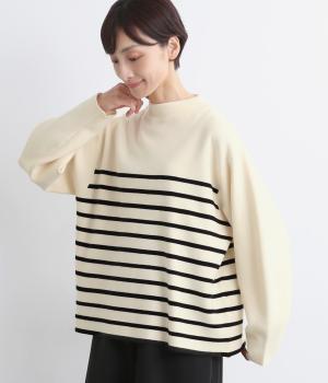 ボリュームスリーブボーダーニットプルオーバー(オフ×ブラック-F)