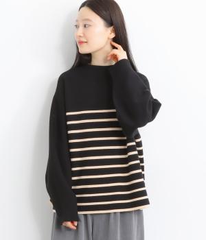 ボリュームスリーブボーダーニットプルオーバー(ブラック×ベージュ-F)